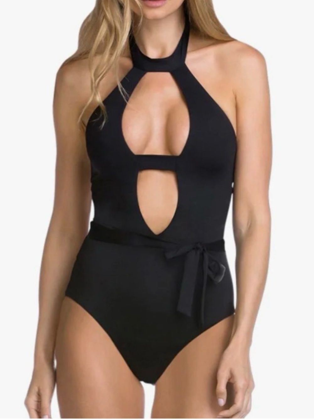 BECCA Black Halter One-Piece Swimsuit with Keyhole Cutouts and Waist Tie